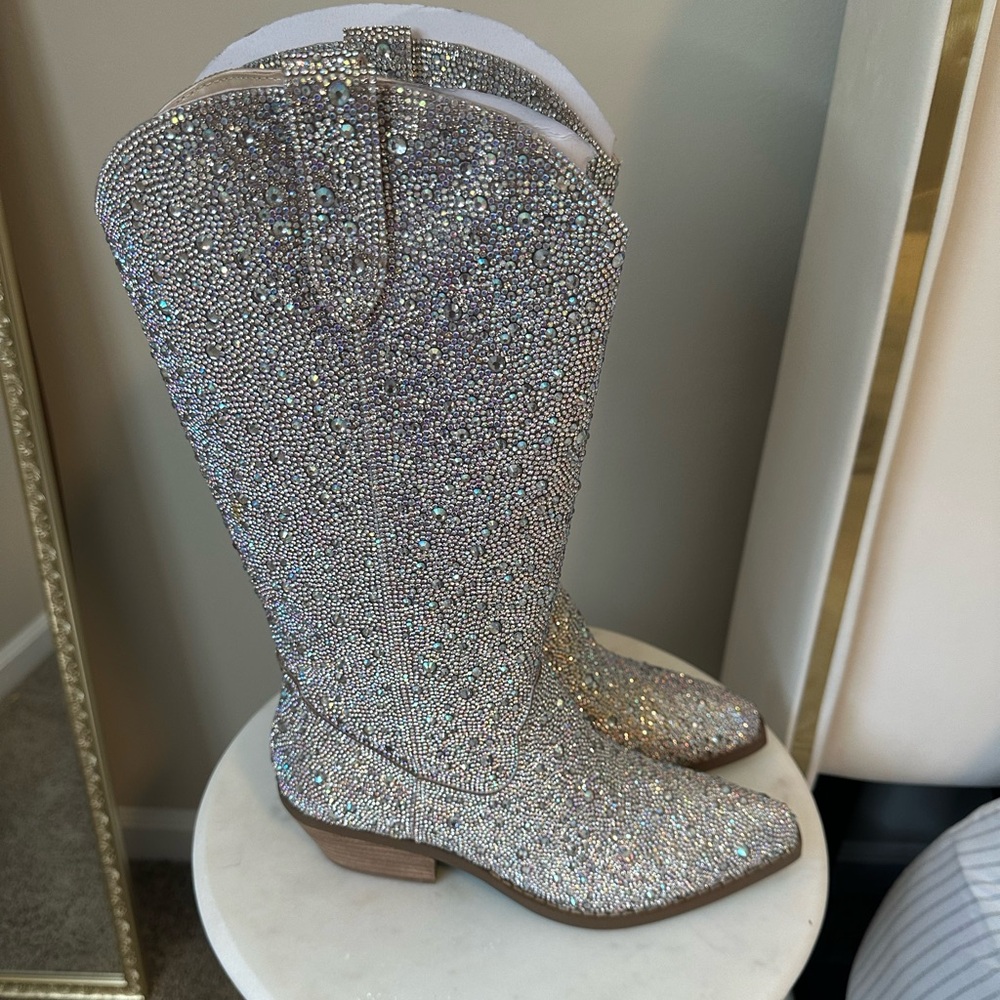 Betsey Johnson Silver Heeled Boots with Glitter